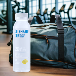 Picture of Celebrate Vitamins CLR Protein water Hint of Lemon with a gym bag in the background