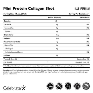 Хранителен етикет за Mini Protein Collagen Shot с вкус blue raspberry, включващ размер на порцията, калории и съставки.